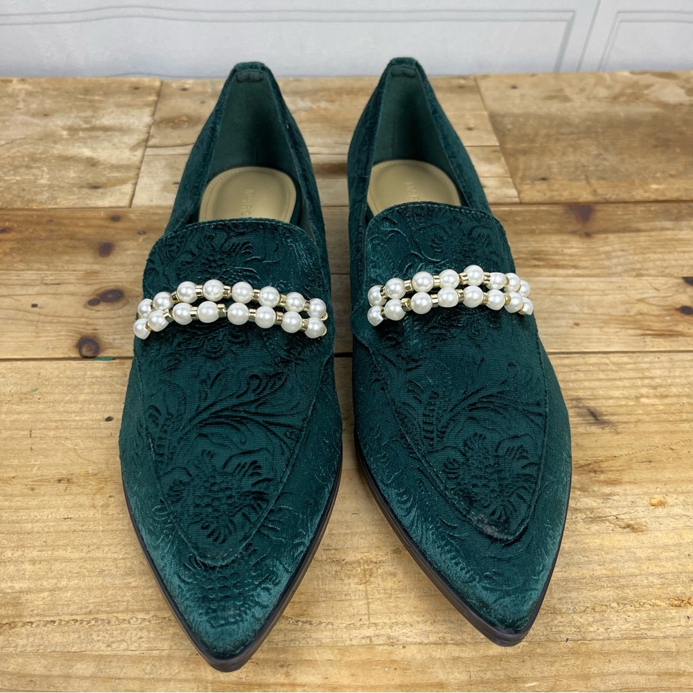 Marc Fisher- Kneel Dark Green Embossed Velvet & Faux‎ Pearl Loafer Flats - 8.5